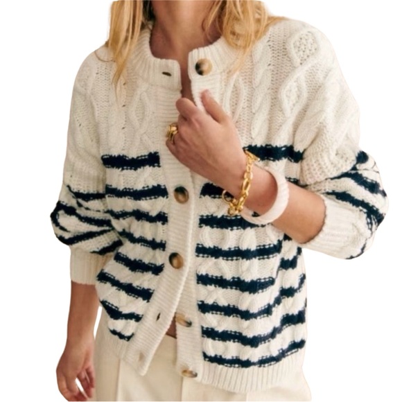 Sezane Sweaters - Sezane Sean Cardigan Ecru / Navy - Size XS